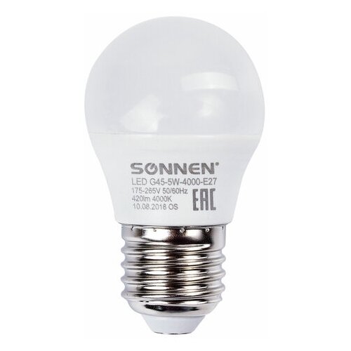 ������ 305� ����� ������������ SONNEN, 5 (40) ��, ������ E27, ���, �������� ����� ����, 30000 �, LED G45-5W-4000-E27, 453700, 453700