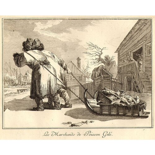 купить 99000р Жан-Батист Лепренс. Русские торговцы рыбой. Гравюра. Франция, 1764 год