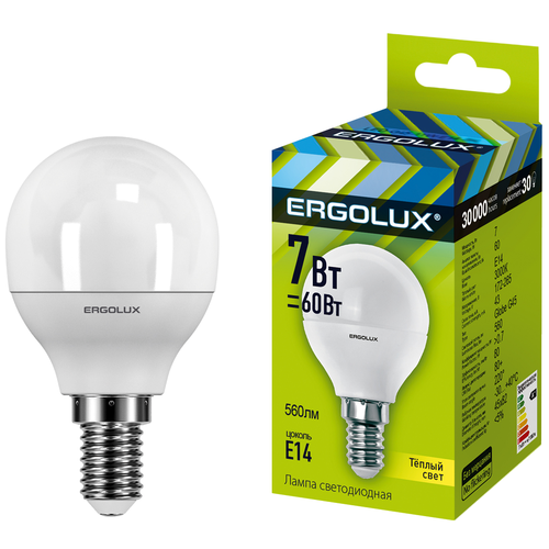  137 Ergolux  G45 E14 7W(560lm 220) 3000K 2K  82x45 /. LED-G45-7W-E14-3K