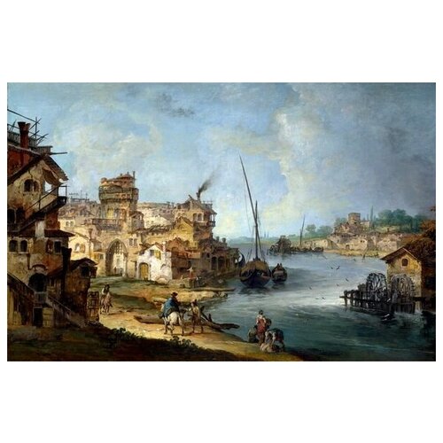  2740        (Buildings and Figures near a River with Shipping)   77. x 50.