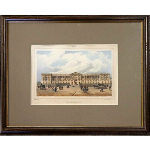 купить 16500р Антикварная гравюра Париж, колоннада Лувра, Франция, 19 век