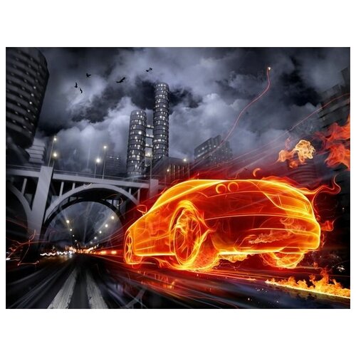  1210       (Fiery car in a futuristic city) 39. x 30.