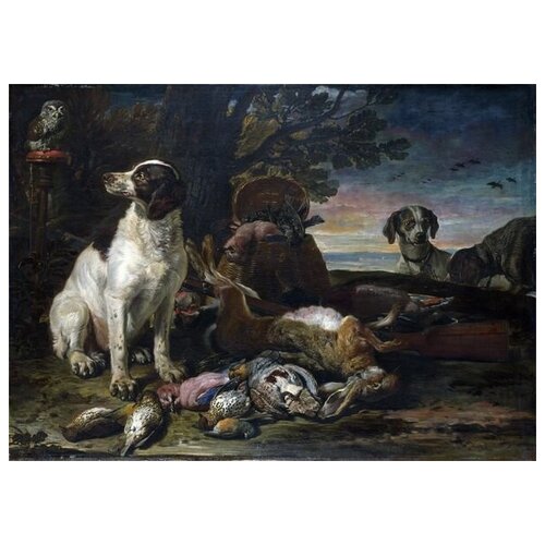  1870        (Dead Birds and Game with Gun Dogs and a Little Owl)   56. x 40.