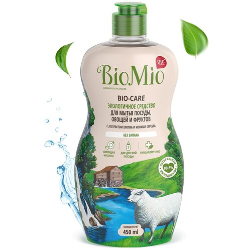  199 BioMio. BIO-CARE      (   ),    .      . .   / BioMio. BIO-CARE Eco Dish, Fruits and Vegetables Washing Liquid. For adult and baby dishes. With Cotton Extract & Silver Ions. Concentrate. Fragrance free. 450 