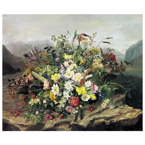  1130          (Bouquet of flowers against a background of mountain scenery)   36. x 30.