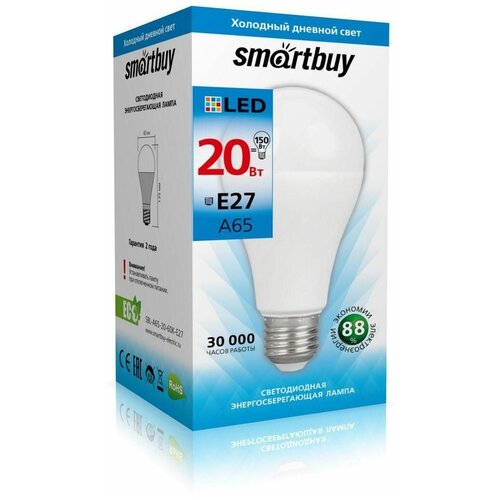 ������ 388� ����� c����������� Smartbuy, E27, A65, 20 ��, 6000 �, �������� ����� ����